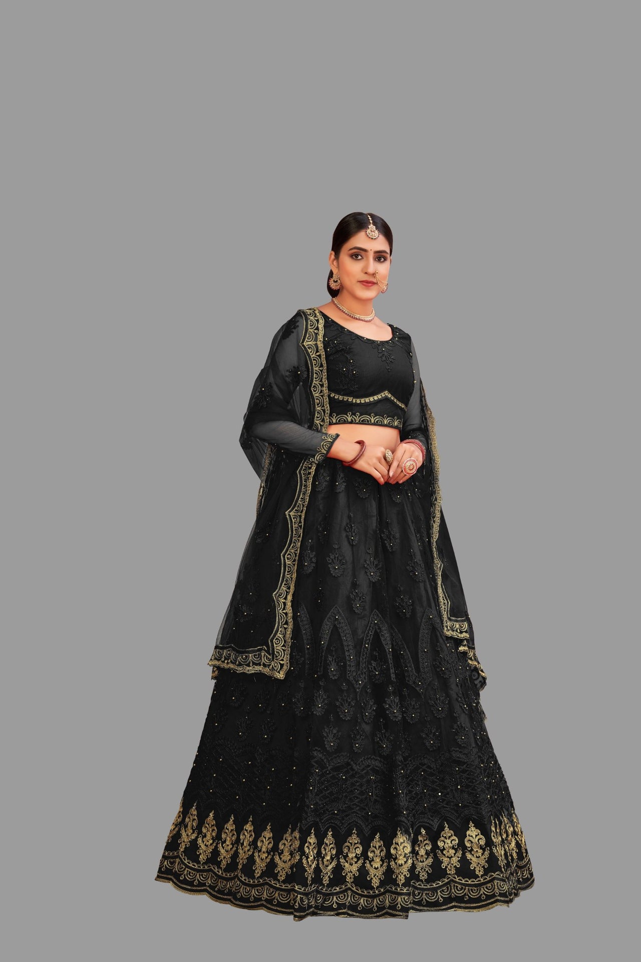 Jyoti Fashion Women's Black Net Thread Embroidered Designer Lehenga Choli Set