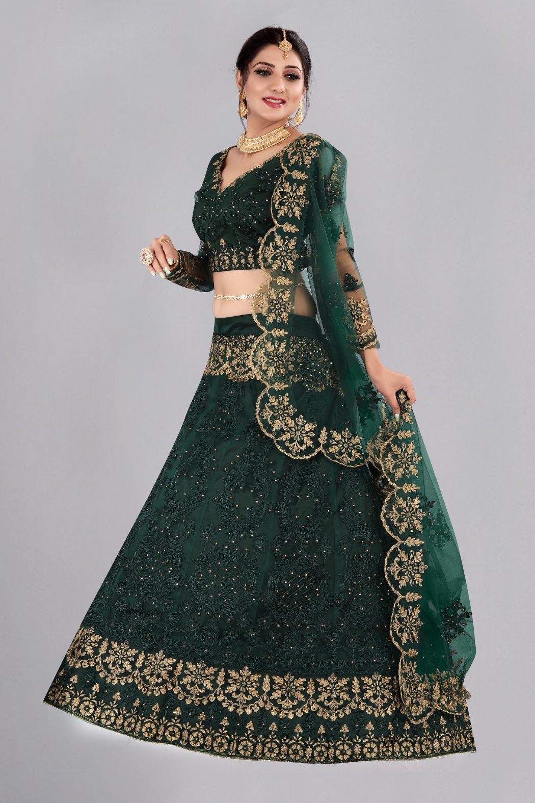 Jyoti Fashion Women's Dark Green Net Thread Embroidered Designer Lehenga Choli Set