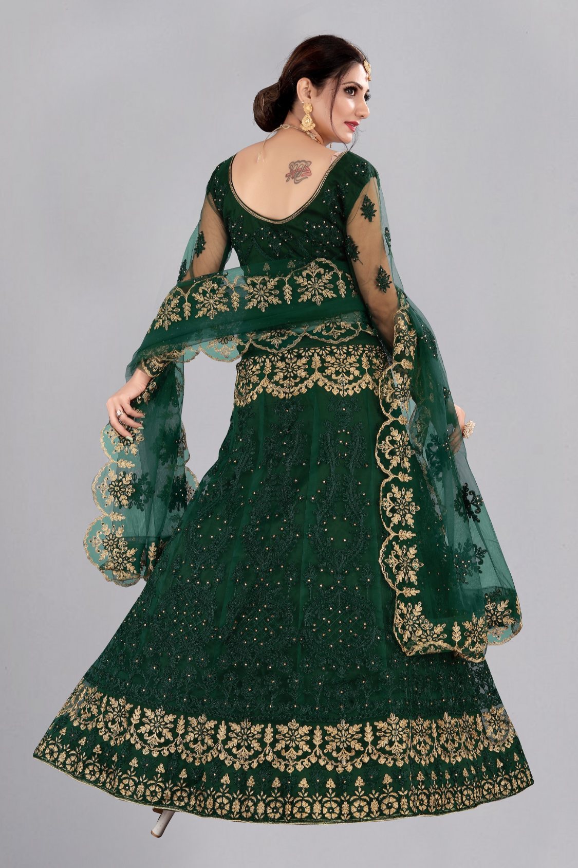 Jyoti Fashion Women's Dark Green Net Thread Embroidered Designer Lehenga Choli Set