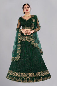 Thumbnail for Jyoti Fashion Women's Dark Green Net Thread Embroidered Designer Lehenga Choli Set