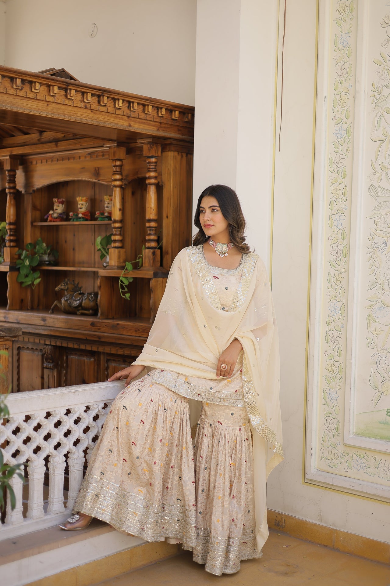 Jyoti Fashion Women's Off White Viscose Jacquerd Sequins with Zari Embroidered Gharara Set