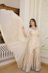 Thumbnail for Jyoti Fashion Women's Off White Viscose Jacquerd Sequins with Zari Embroidered Gharara Set