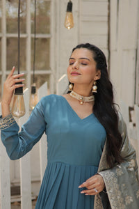 Thumbnail for Jyoti Fashion Women's Sky Blue Faux Georgette Sequins with Embroidered Anarkali Kurta with Dupatta