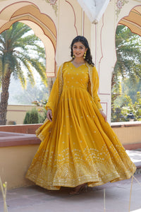 Thumbnail for Jyoti Fashion Women's Yellow Faux Georgette Sequins with Zari Embroidered Anarkali Kurta with Dupatta