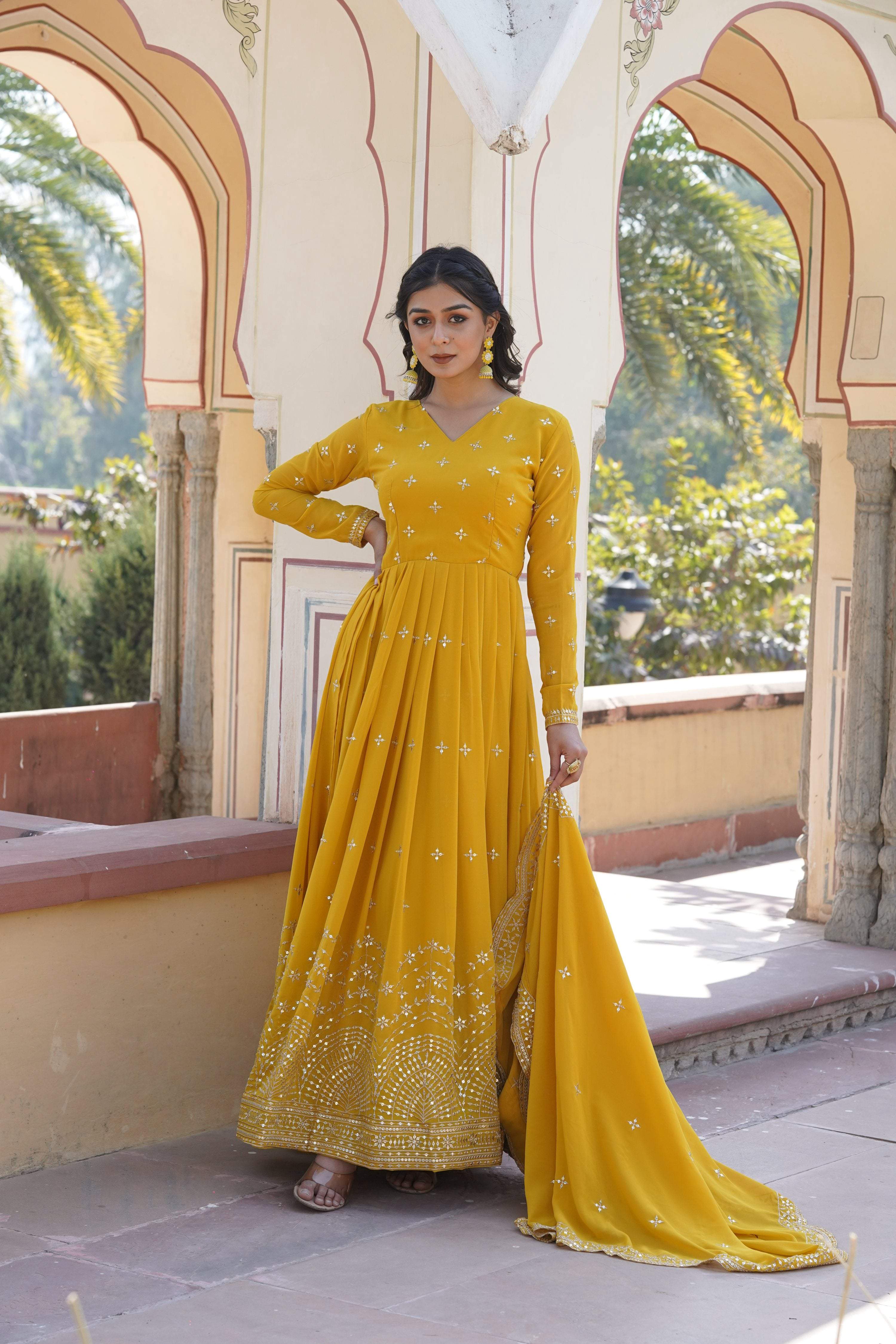 Jyoti Fashion Women's Yellow Faux Georgette Sequins with Zari Embroidered Anarkali Kurta with Dupatta - Distacart