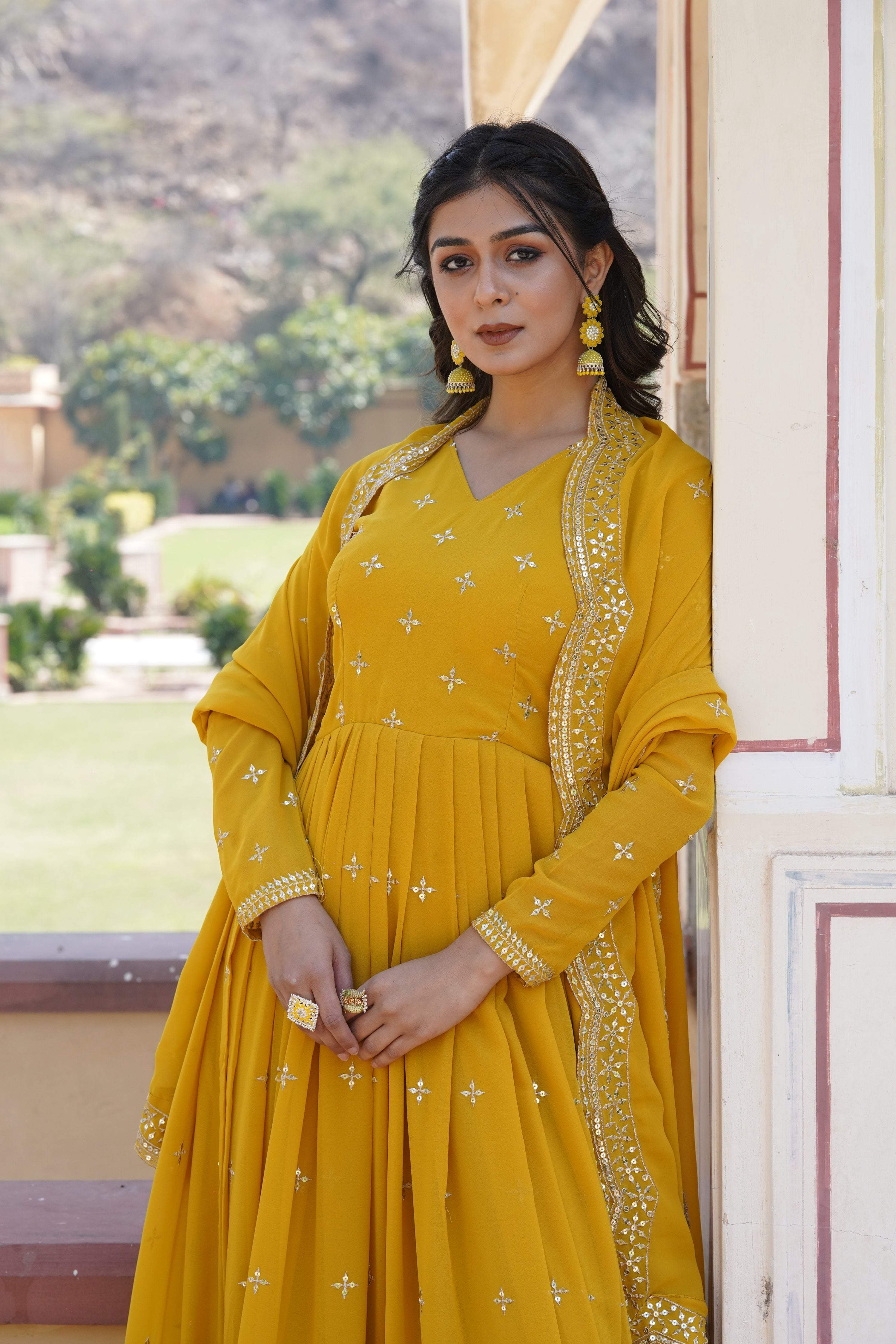 Jyoti Fashion Women's Yellow Faux Georgette Sequins with Zari Embroidered Anarkali Kurta with Dupatta - Distacart