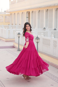 Thumbnail for Jyoti Fashion Women's Rani Pink Faux Blooming Sequins with Zari Embroidered Long Anarkali Dress