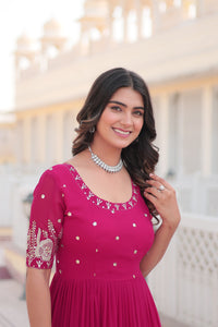Thumbnail for Jyoti Fashion Women's Rani Pink Faux Blooming Sequins with Zari Embroidered Long Anarkali Dress