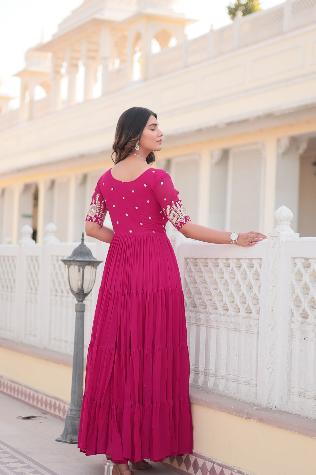 Jyoti Fashion Women's Rani Pink Faux Blooming Sequins with Zari Embroidered Long Anarkali Dress