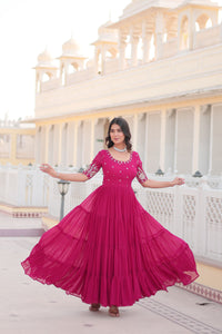 Thumbnail for Jyoti Fashion Women's Rani Pink Faux Blooming Sequins with Zari Embroidered Long Anarkali Dress