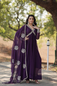 Thumbnail for Jyoti Fashion Women's Purple Faux Blooming Sequins with Zari Embroidered Anarkali Kurta with Dupatta
