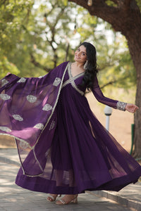 Thumbnail for Jyoti Fashion Women's Purple Faux Blooming Sequins with Zari Embroidered Anarkali Kurta with Dupatta