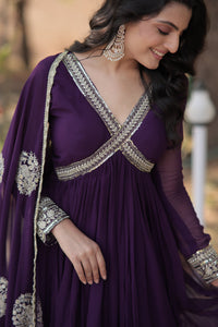 Thumbnail for Jyoti Fashion Women's Purple Faux Blooming Sequins with Zari Embroidered Anarkali Kurta with Dupatta