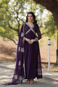 Thumbnail for Jyoti Fashion Women's Purple Faux Blooming Sequins with Zari Embroidered Anarkali Kurta with Dupatta