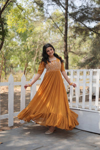 Thumbnail for Jyoti Fashion Women's Mustard Faux Georgette Sequins with Zari Embroidered Long Anarkali Dress