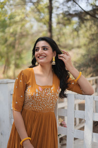 Thumbnail for Jyoti Fashion Women's Mustard Faux Georgette Sequins with Zari Embroidered Long Anarkali Dress