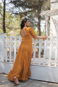 Thumbnail for Jyoti Fashion Women's Mustard Faux Georgette Sequins with Zari Embroidered Long Anarkali Dress