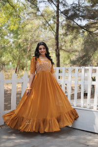 Thumbnail for Jyoti Fashion Women's Mustard Faux Georgette Sequins with Zari Embroidered Long Anarkali Dress