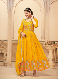 Thumbnail for Jyoti Fashion Women's Mustard Faux Georgette Heavy Embroidered Kurta Set