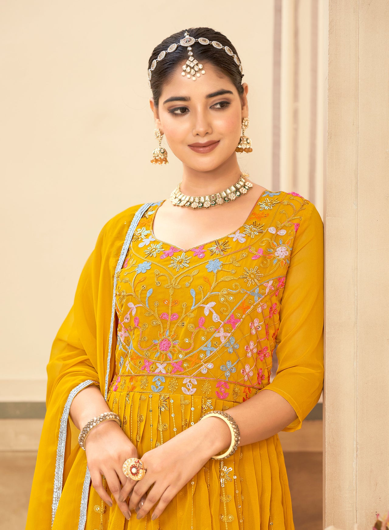 Jyoti Fashion Women's Mustard Faux Georgette Heavy Embroidered Kurta Set