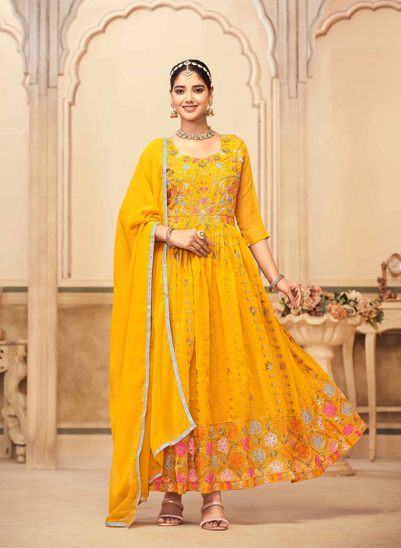 Jyoti Fashion Women's Mustard Faux Georgette Heavy Embroidered Kurta Set