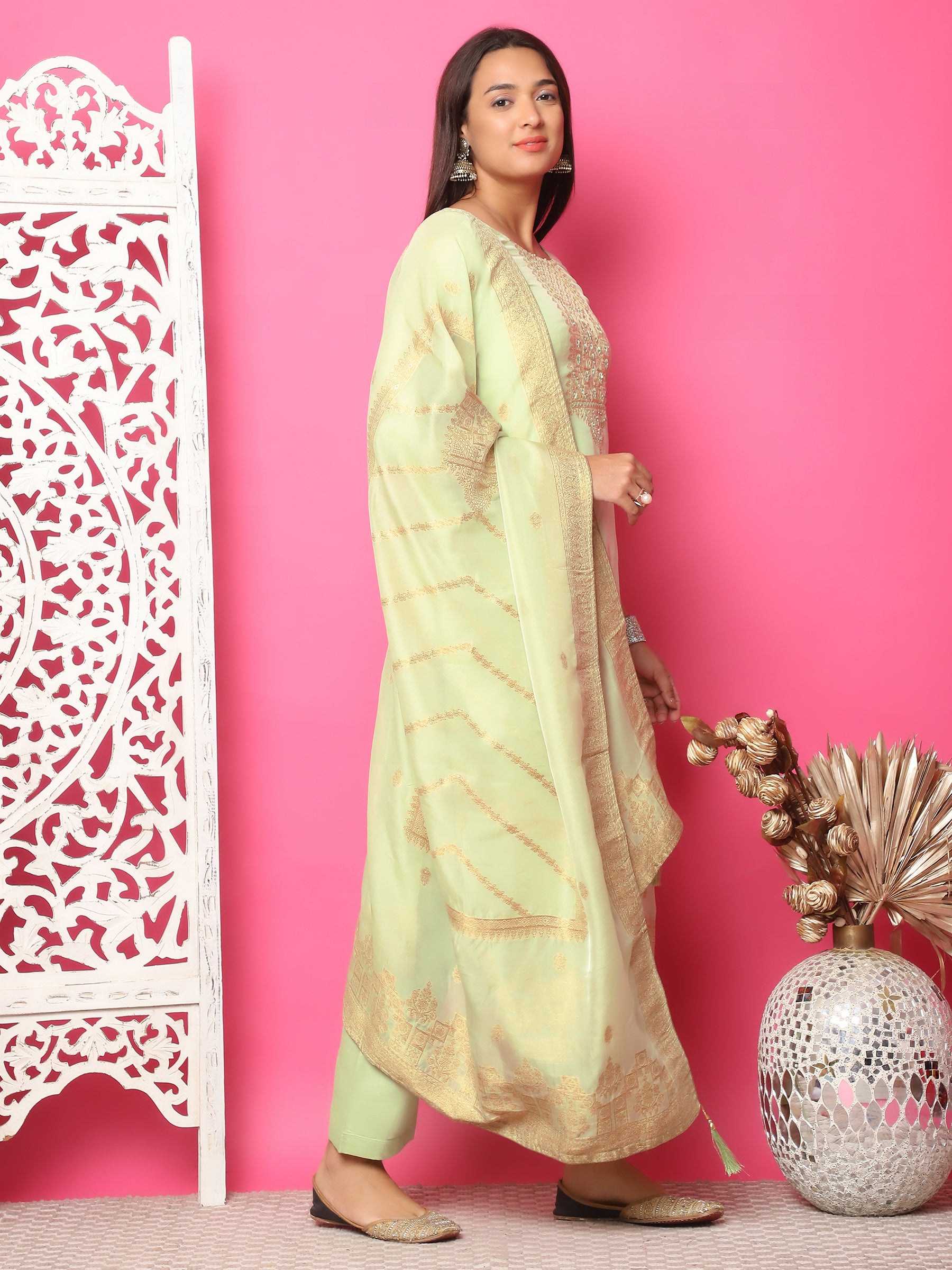 Jyoti Fashion Women's Pista Green Silk Jacquard Woven with Hand Work Salwar Suit Set - Distacart