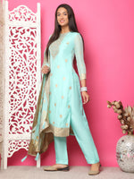 Thumbnail for Jyoti Fashion Women's Turquoise Silk Jacquard Woven with Hand Work Salwar Suit Set - Distacart