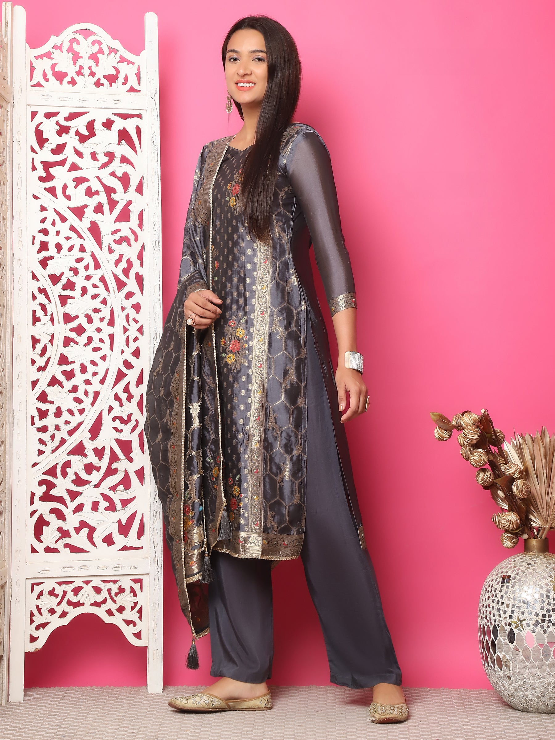 Jyoti Fashion Women's Grey Silk Jacquard Woven with Zari Work Salwar Suit Set - Distacart