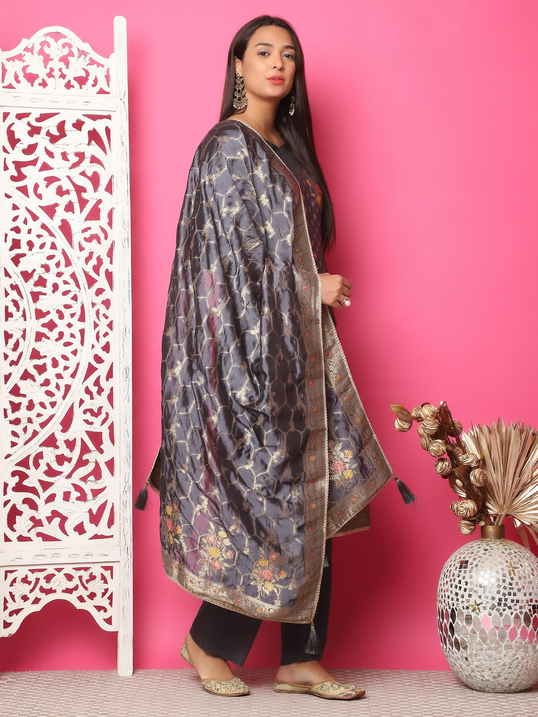 Jyoti Fashion Women's Grey Silk Jacquard Woven with Zari Work Salwar Suit Set - Distacart