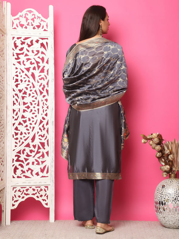 Jyoti Fashion Women's Grey Silk Jacquard Woven with Zari Work Salwar Suit Set - Distacart