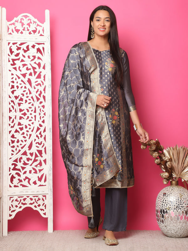 Jyoti Fashion Women's Grey Silk Jacquard Woven with Zari Work Salwar Suit Set - Distacart