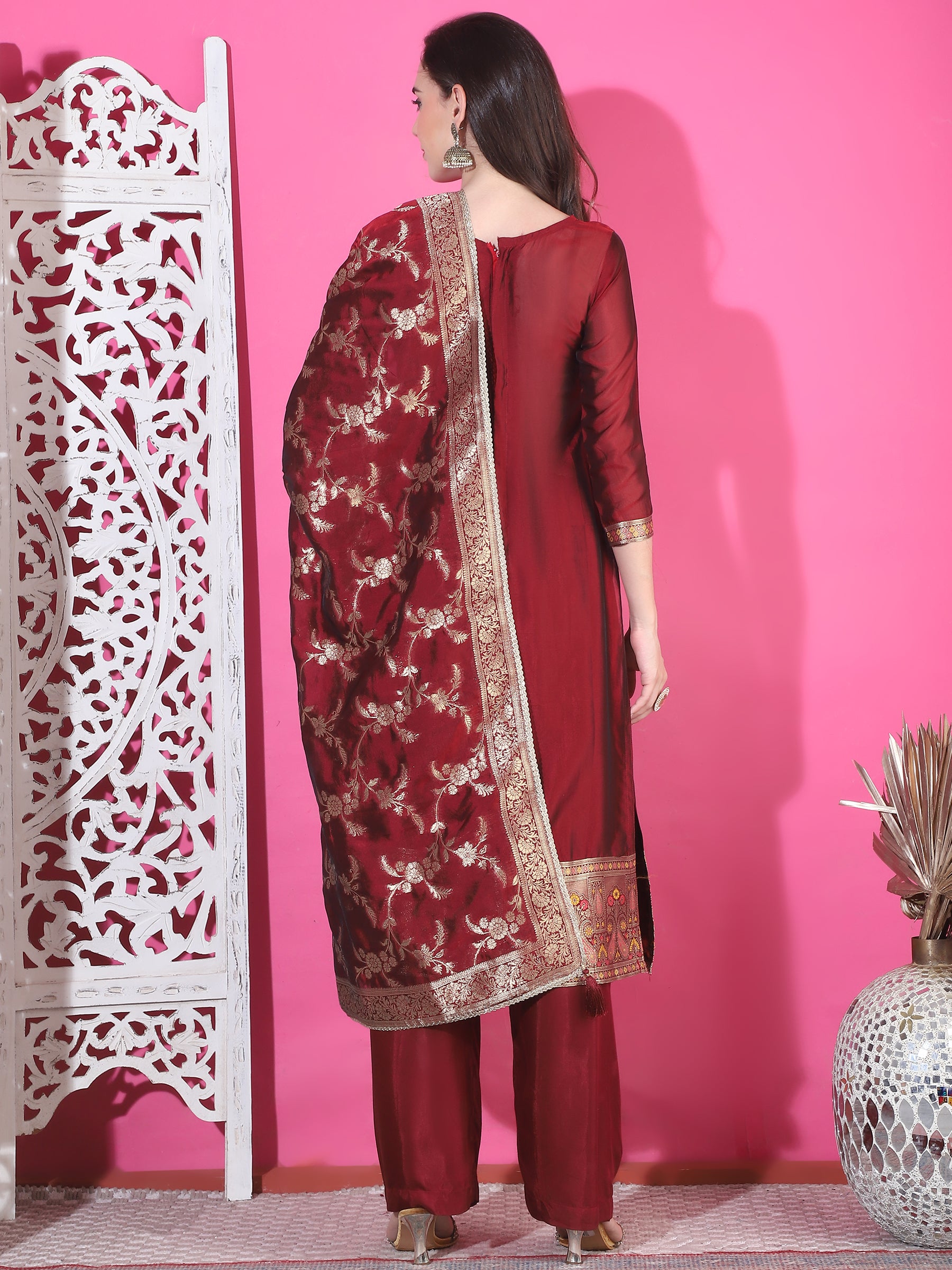 Jyoti Fashion Women's Maroon Silk Jacquard Woven with Zari Work Salwar Suit Set - Distacart