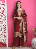 Thumbnail for Jyoti Fashion Women's Maroon Silk Jacquard Woven with Zari Work Salwar Suit Set - Distacart