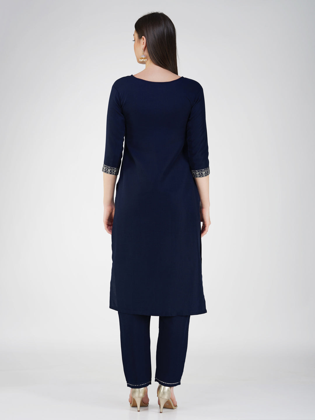 Jyoti Fashion Women's Navy Blue Cotton Blend Sequins Embroidered Kurta Set