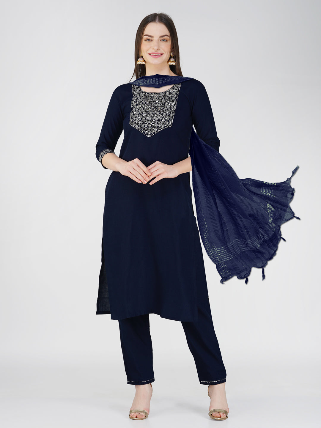 Jyoti Fashion Women's Navy Blue Cotton Blend Sequins Embroidered Kurta Set