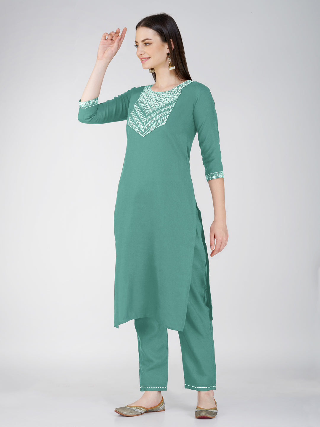 Jyoti Fashion Women's Teal Cotton Blend Sequins Embroidered Kurta Set