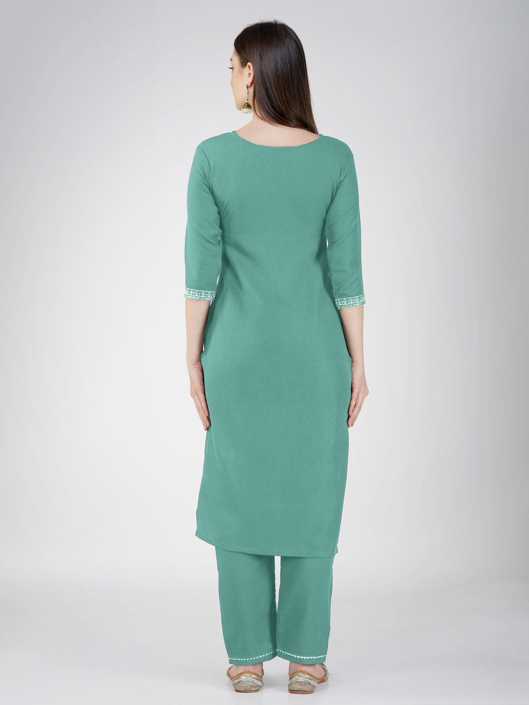Jyoti Fashion Women's Teal Cotton Blend Sequins Embroidered Kurta Set
