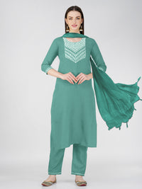 Thumbnail for Jyoti Fashion Women's Teal Cotton Blend Sequins Embroidered Kurta Set