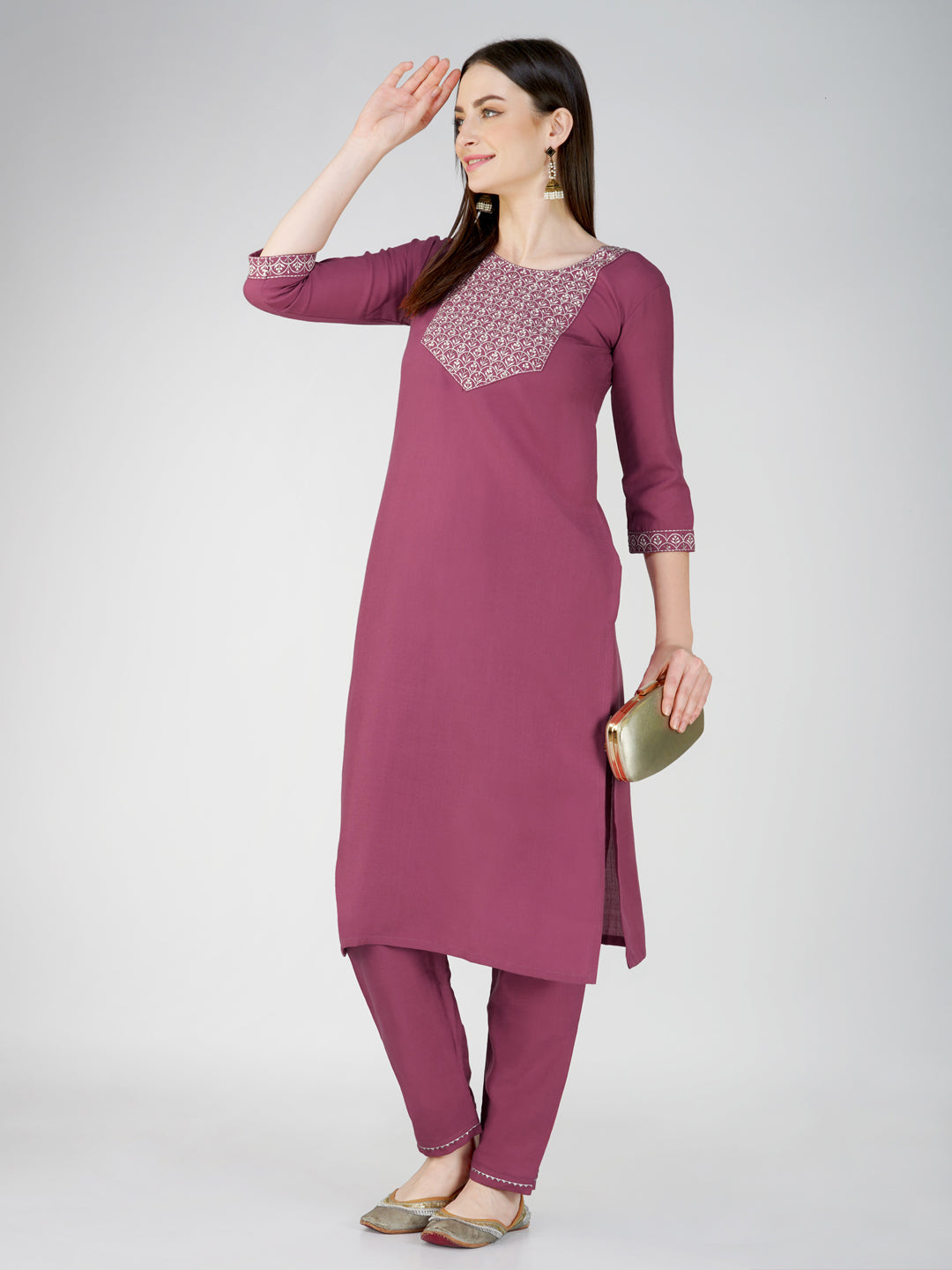Jyoti Fashion Women's Wine Cotton Blend Sequins Embroidered Kurta Set