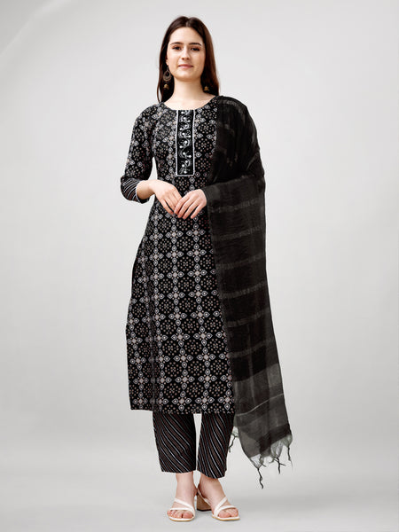 Jyoti Fashion Women's Black Rayon Printed with Embroidered Kurta Set