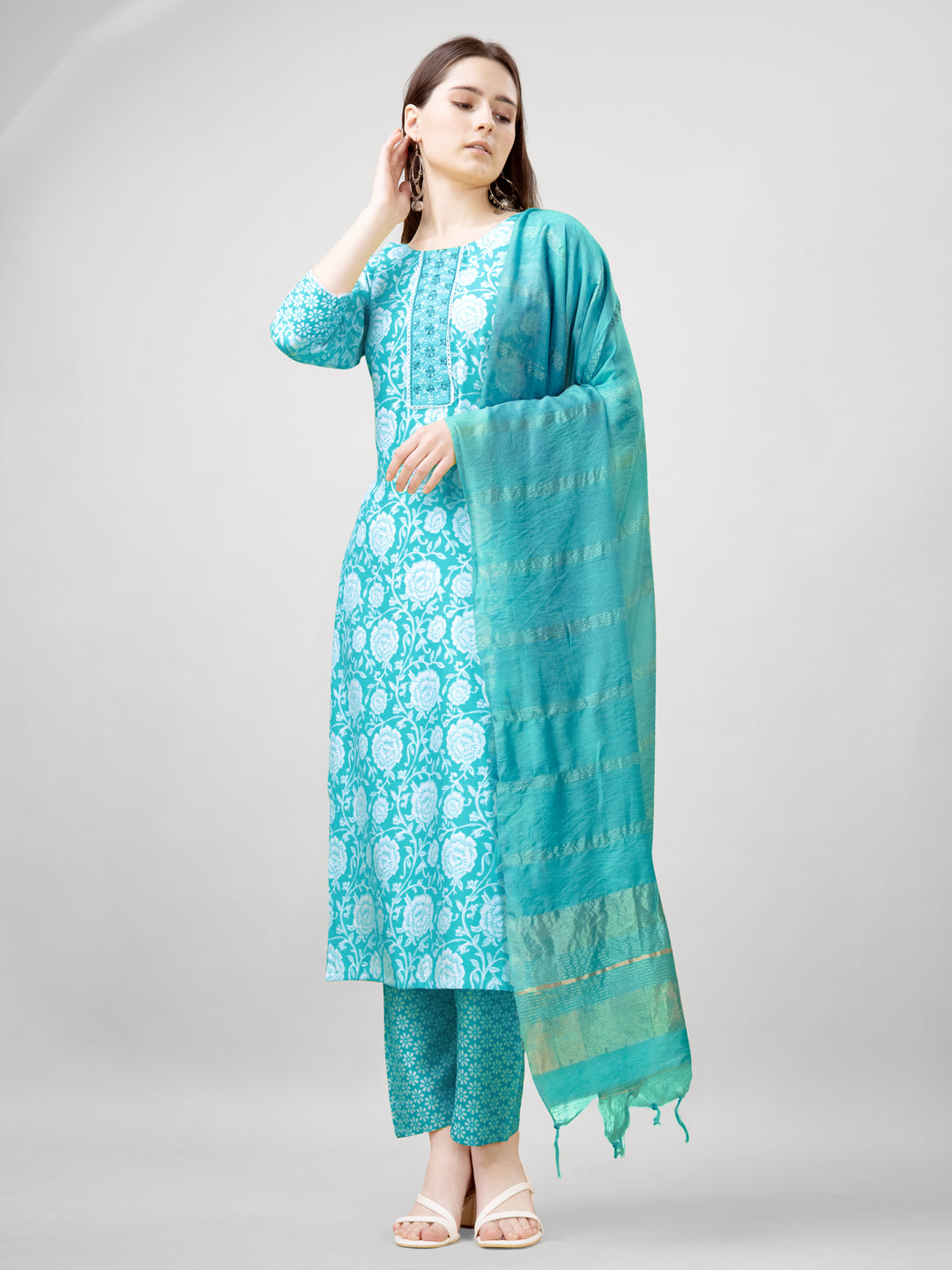 Jyoti Fashion Women's Sky Blue Rayon Printed with Embroidered Kurta Set