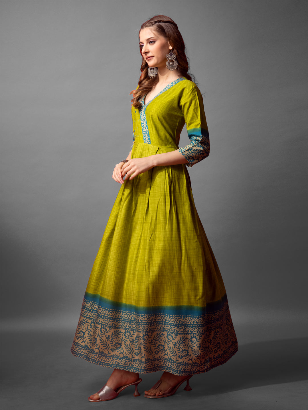 Jyoti Fashion Women's Parrot Green Cotton Blend Printed Designer Anarkali Dress