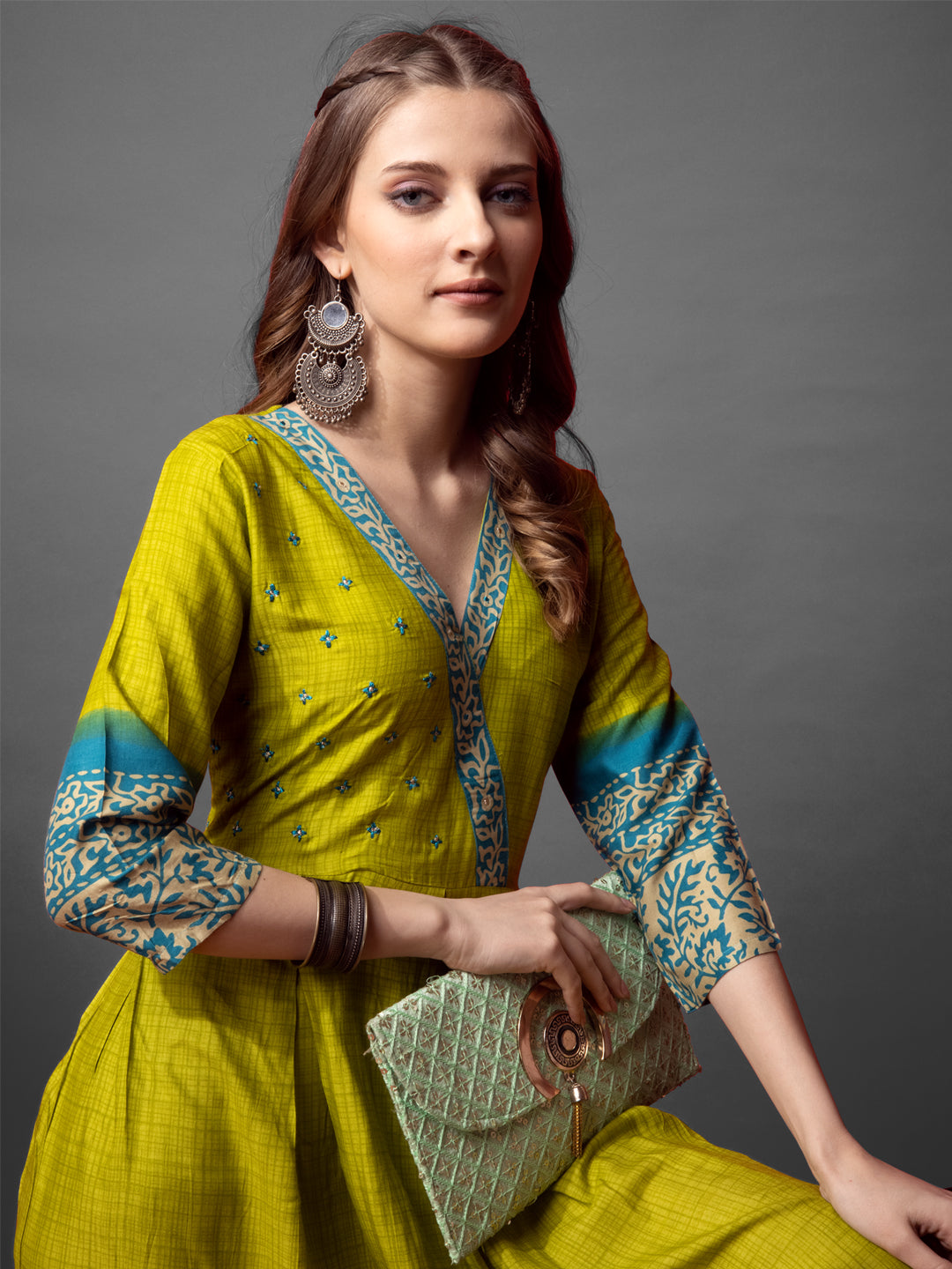 Jyoti Fashion Women's Parrot Green Cotton Blend Printed Designer Anarkali Dress