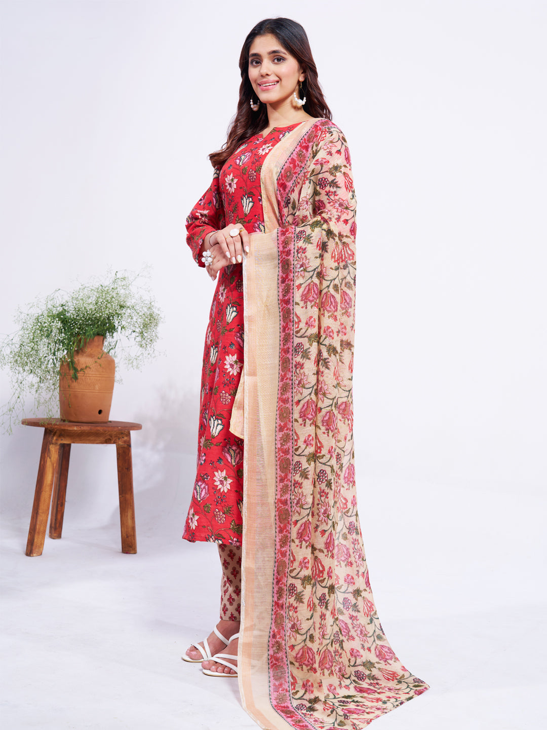 Jyoti Fashion Women's Red Cotton Blend Printed Designer Kurta Set with Dupatta