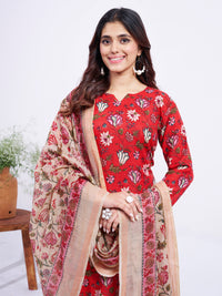 Thumbnail for Jyoti Fashion Women's Red Cotton Blend Printed Designer Kurta Set with Dupatta