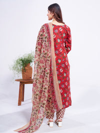 Thumbnail for Jyoti Fashion Women's Red Cotton Blend Printed Designer Kurta Set with Dupatta