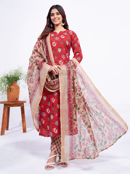 Jyoti Fashion Women's Red Cotton Blend Printed Designer Kurta Set with Dupatta