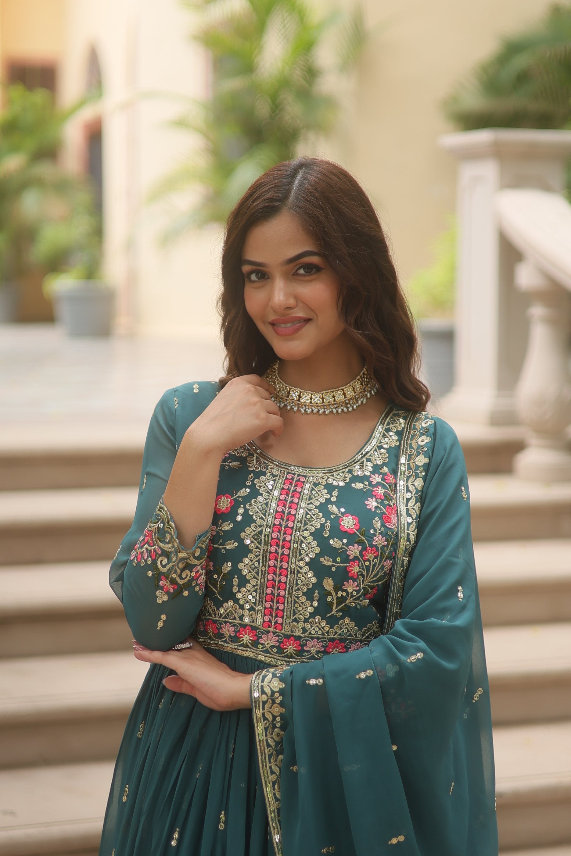 Jyoti Fashion Women's Rama Faux Georgette Rich Sequins Embroidered Anarkali Set with Dupatta - Distacart