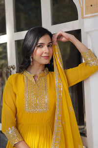 Thumbnail for Jyoti Fashion Women's Yellow Faux Georgette Rich Sequins Embroidered Anarkali Set with Dupatta