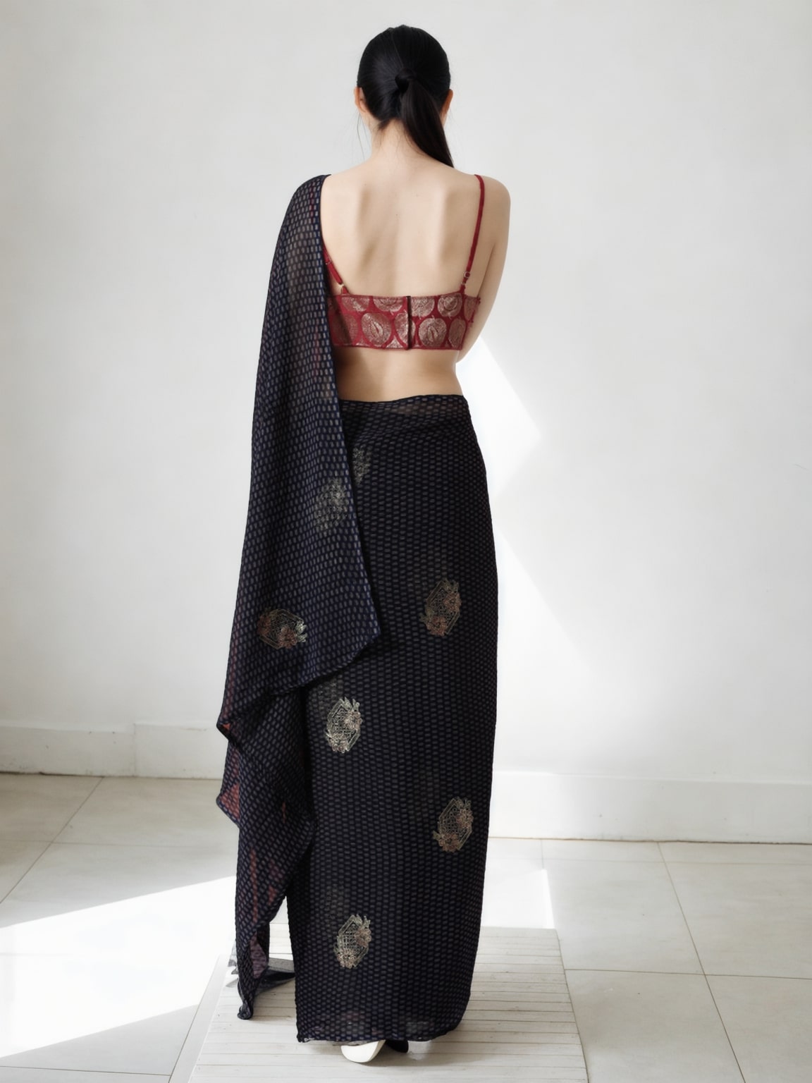 Jyoti Fashion Women's Black Marble Chiffon Printed Ready To Wear Saree with Blouse